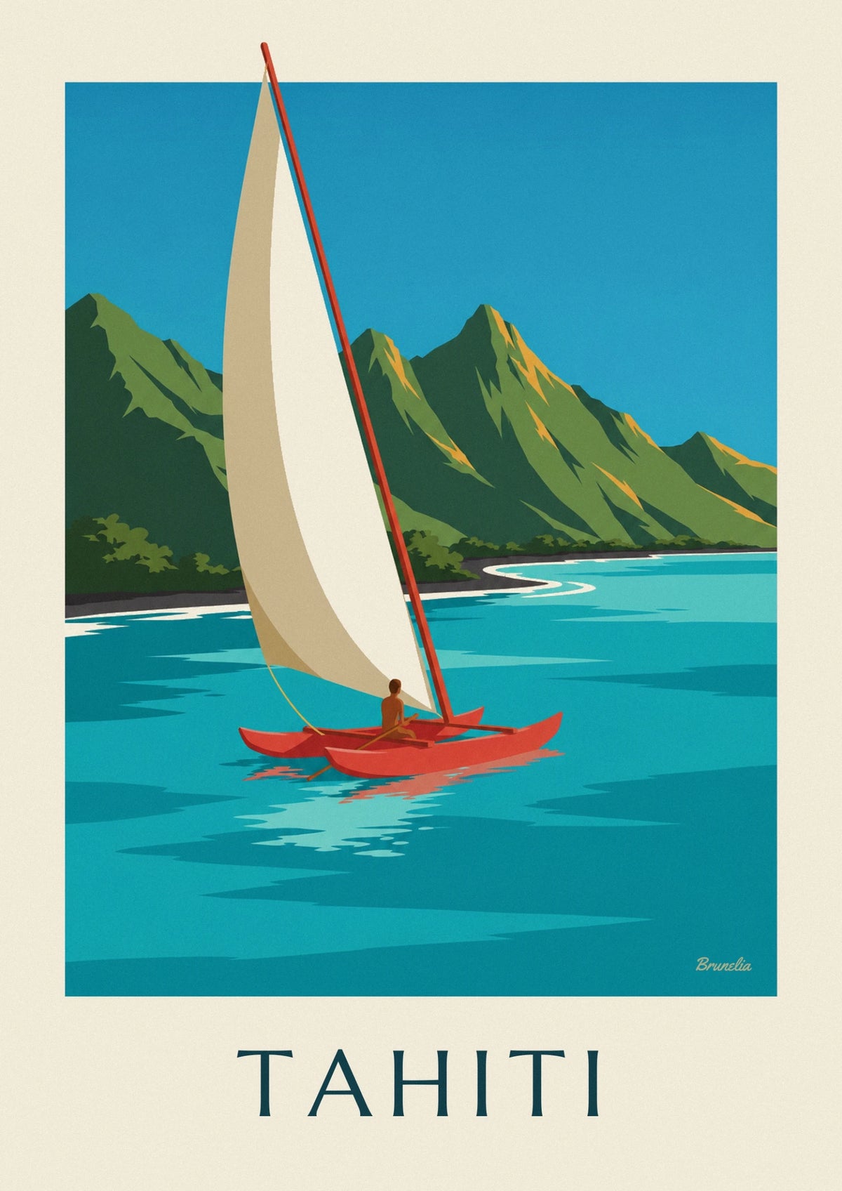 Tahiti mountains and lagoon sailing canoe poster