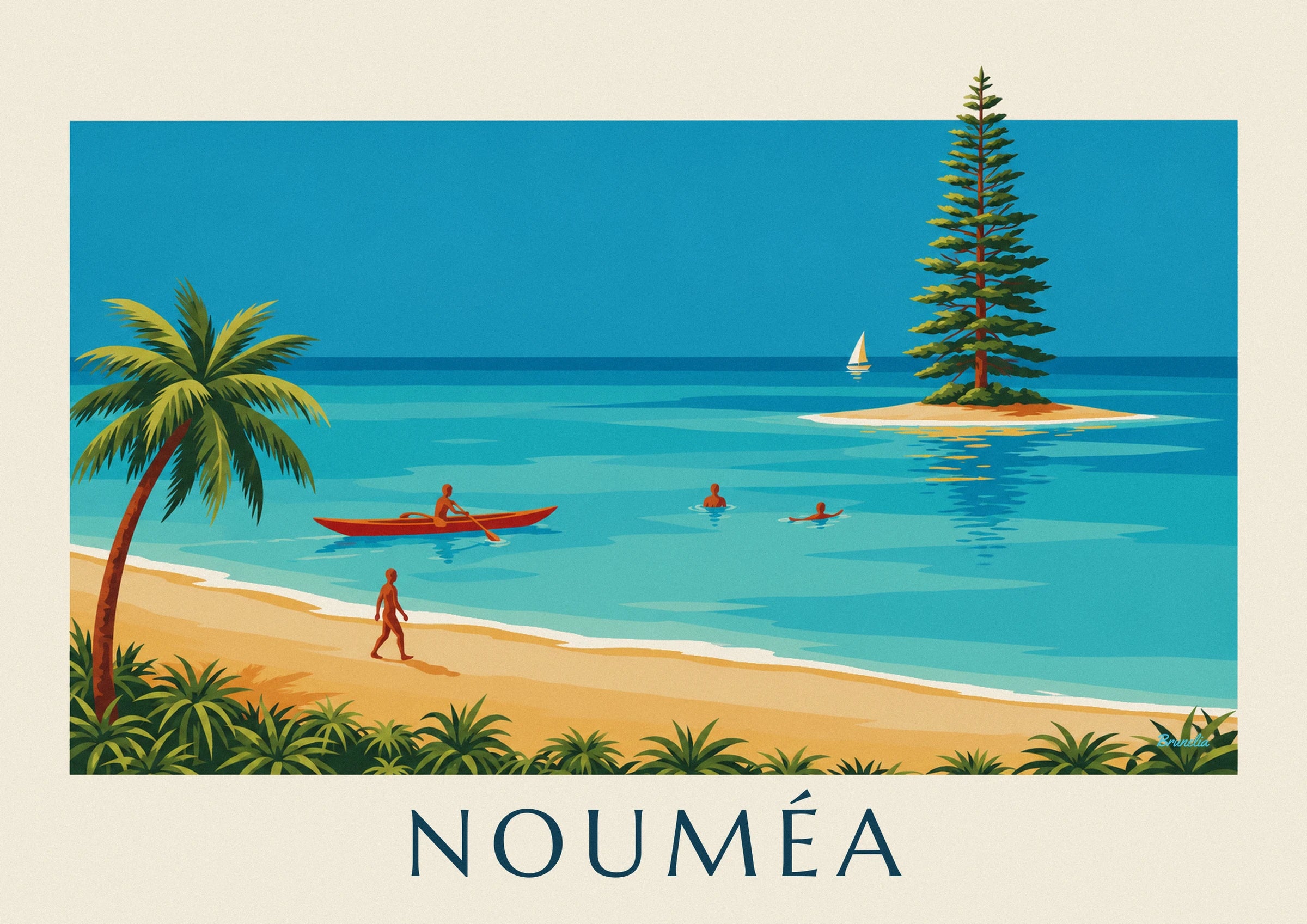 The columnar pine on its islet of golden sand, with a white sailing boat on the horizon