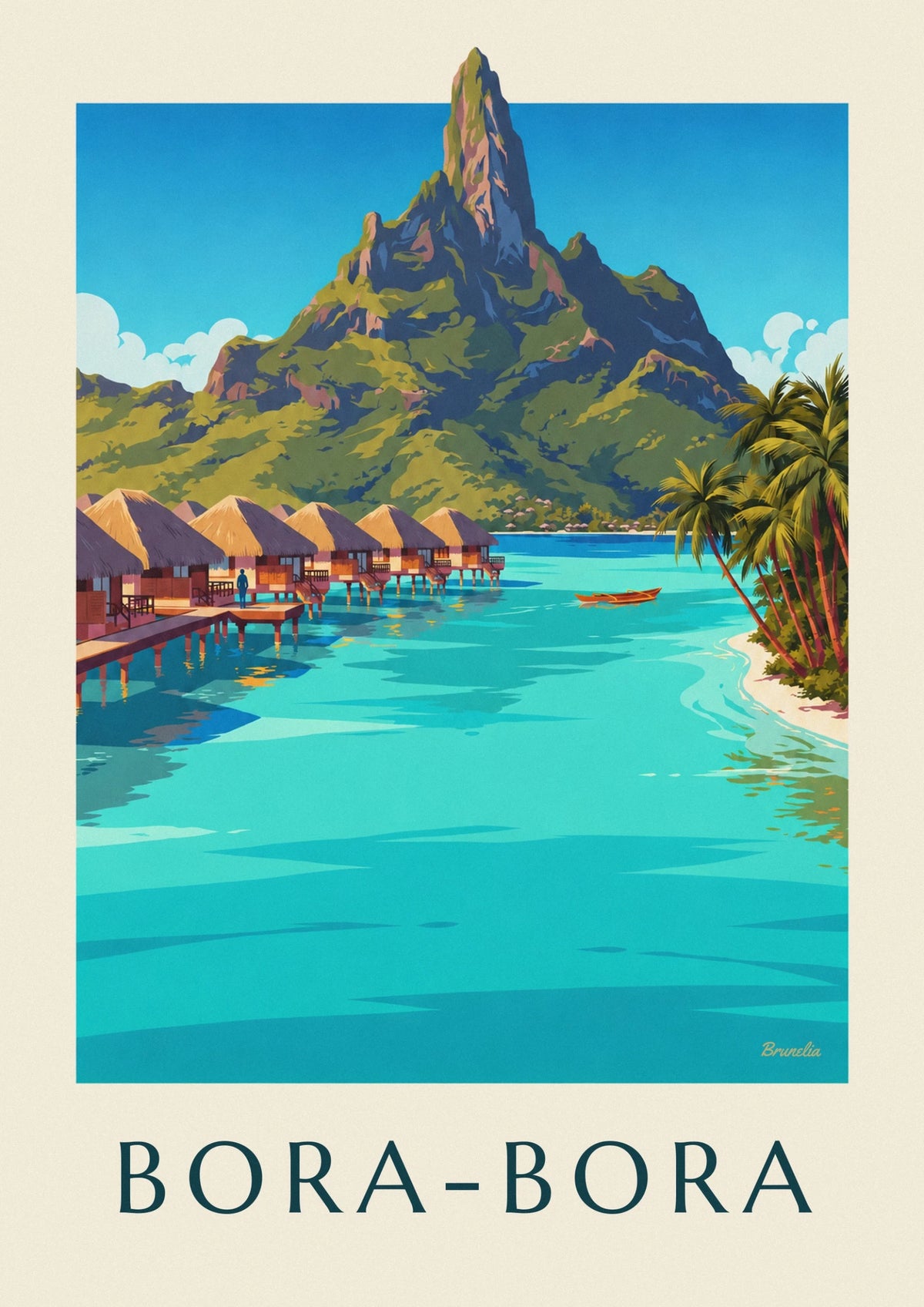 Affiche lagon de Bora-Bora, bungalows et mont Otemanu