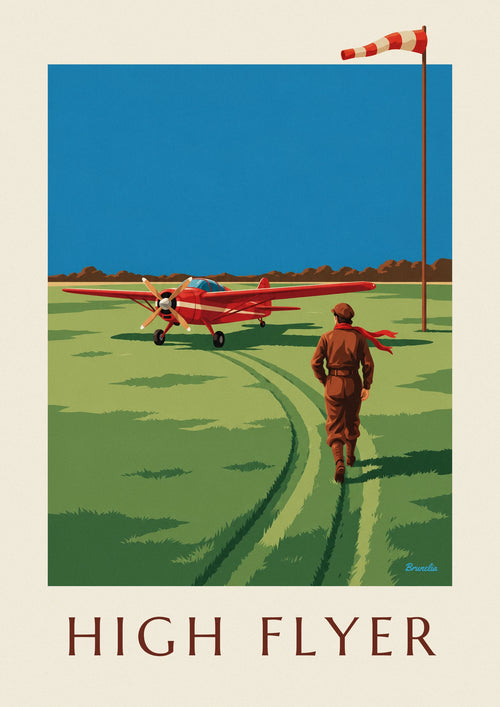 Poster aviatrice e aereo a elica rosso su una pista erbosa: il poster per intero