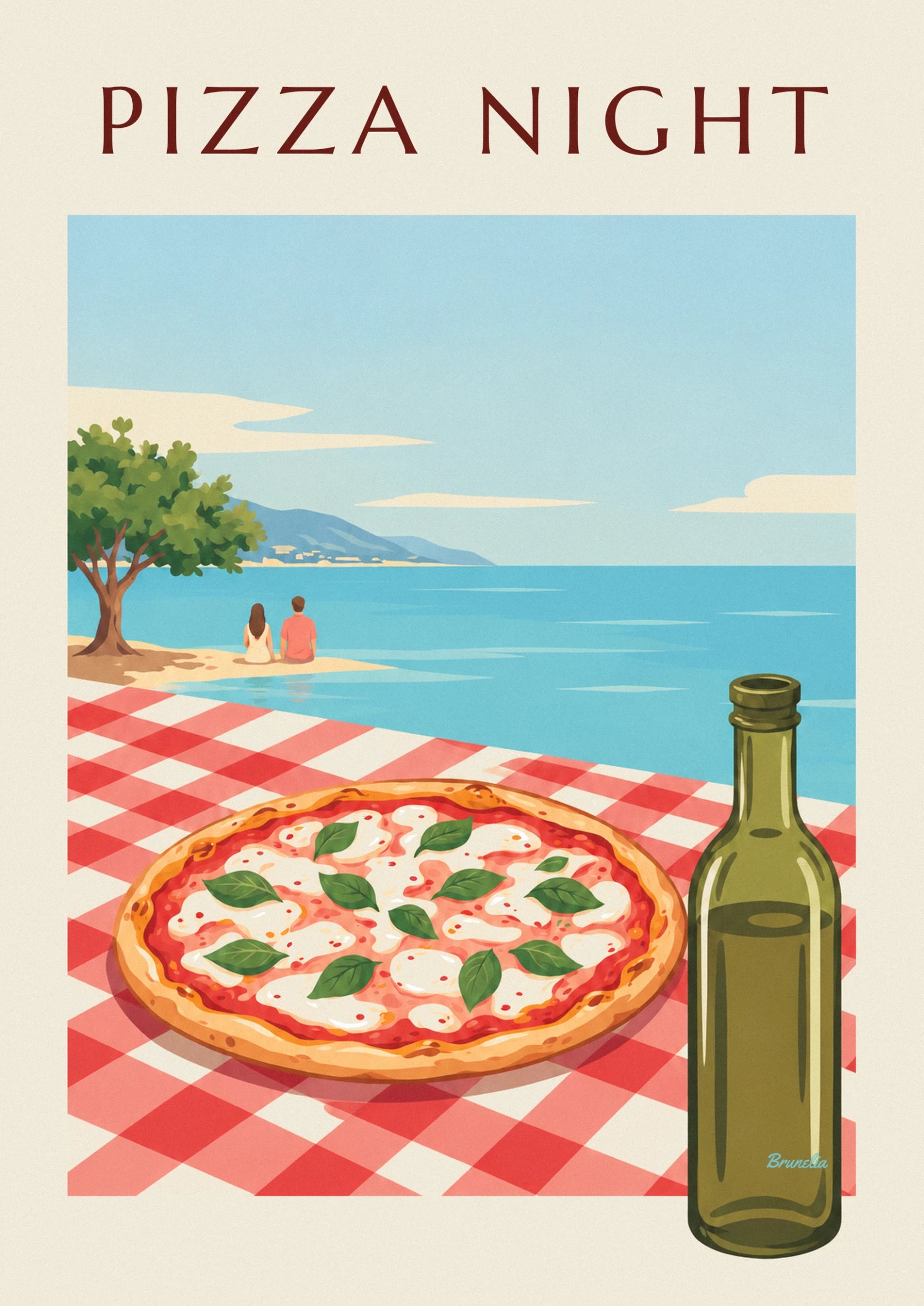 Die Pizza mit Mozzarella und Basilikum auf der rot karierten Tischdecke, gegenüber einem Paar, das am Wasser sitzt
