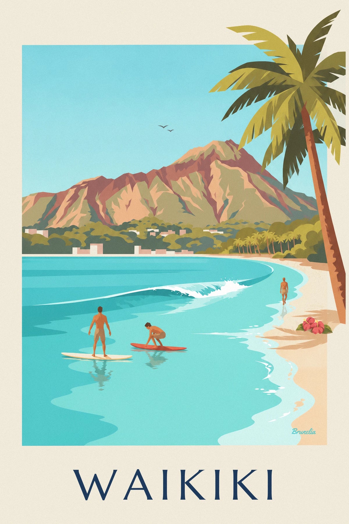 Affiche surfeurs dans la baie de Waikiki au pied de Diamond Head