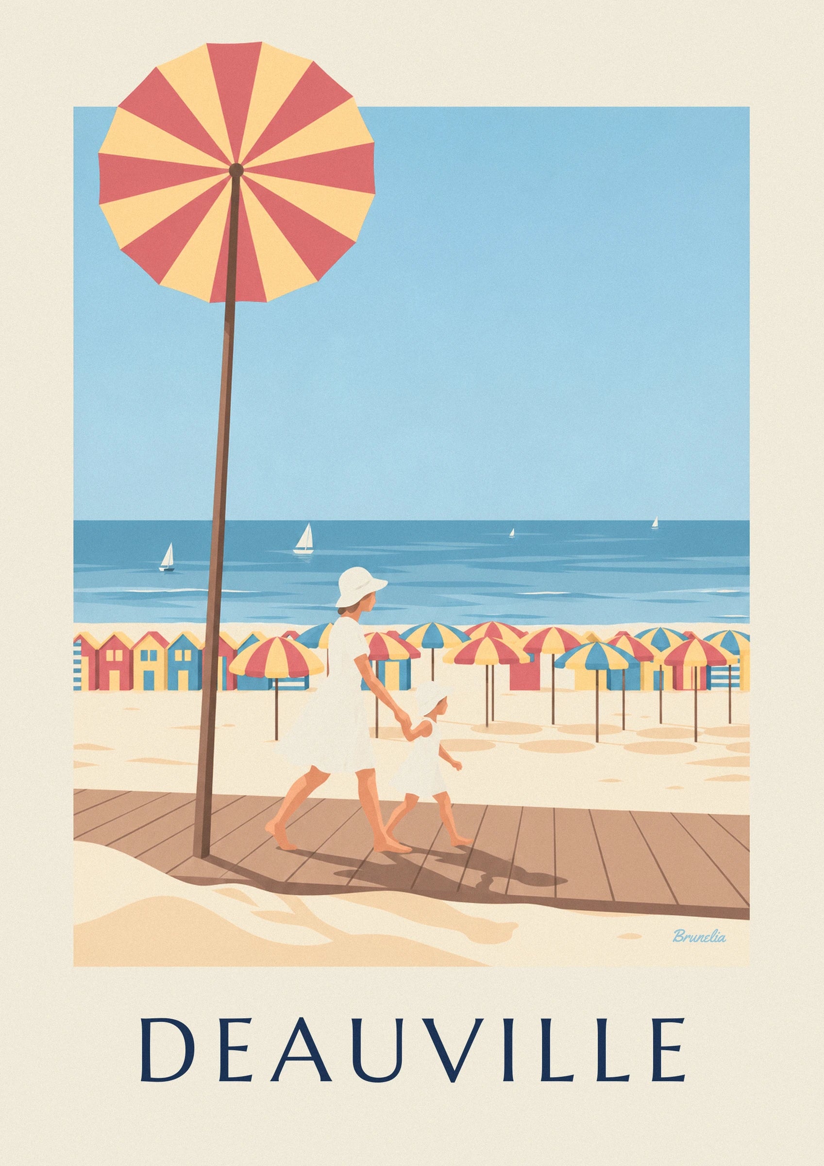 The mother and her little girl in white dresses and hats, hand in hand on the boardwalk