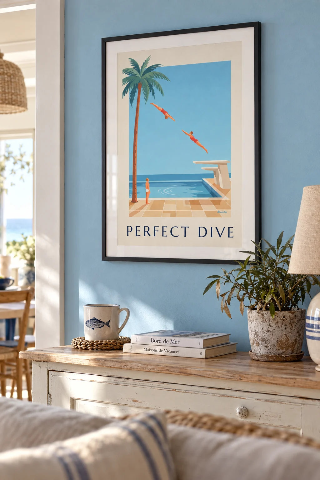 Diver mid-dive above a swimming pool poster on the wall