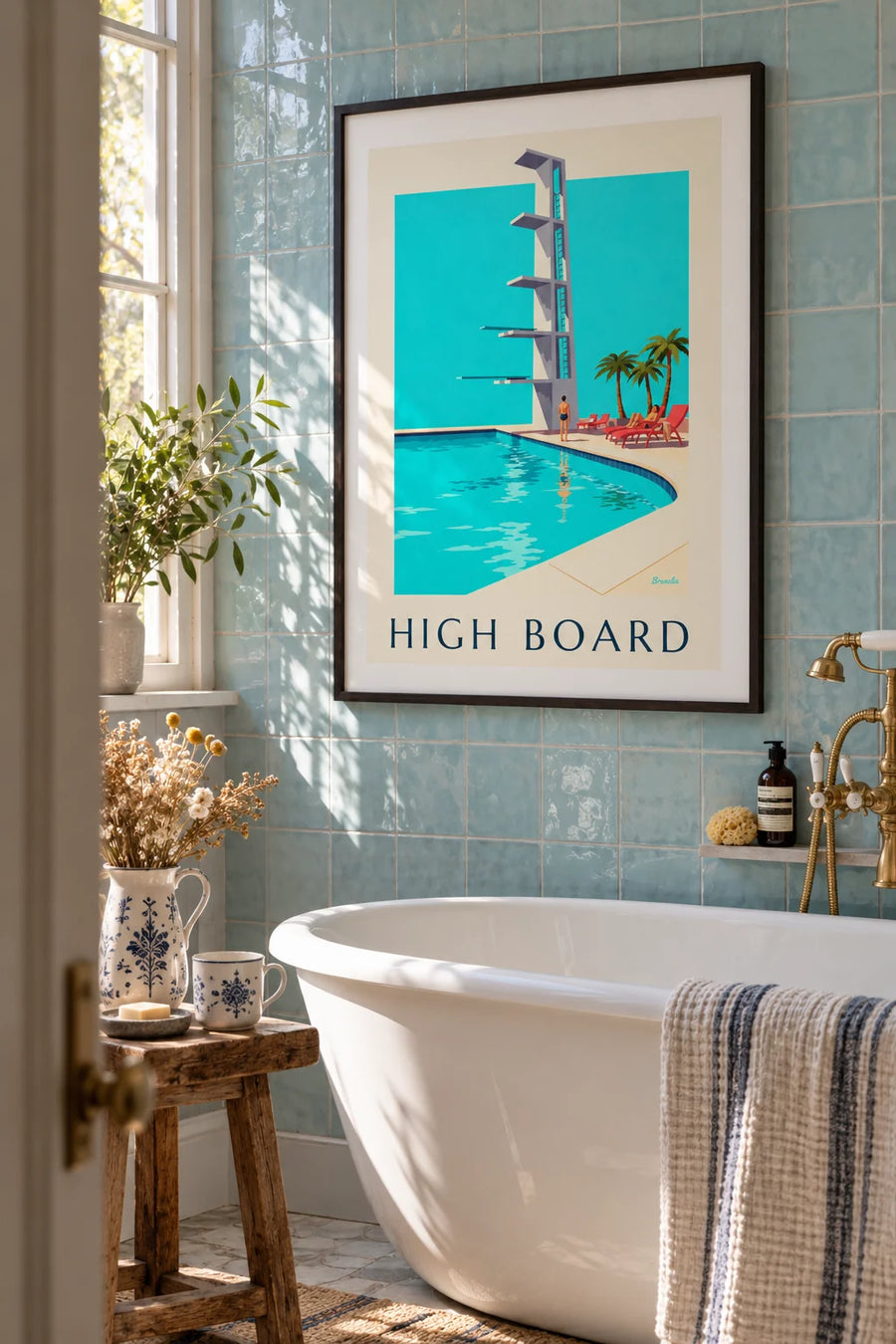 Poster trampolino di una piscina all'aperto sotto il sole: incorniciato al muro