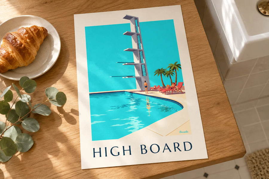 Poster trampolino di una piscina all'aperto sotto il sole: appoggiato su un tavolo