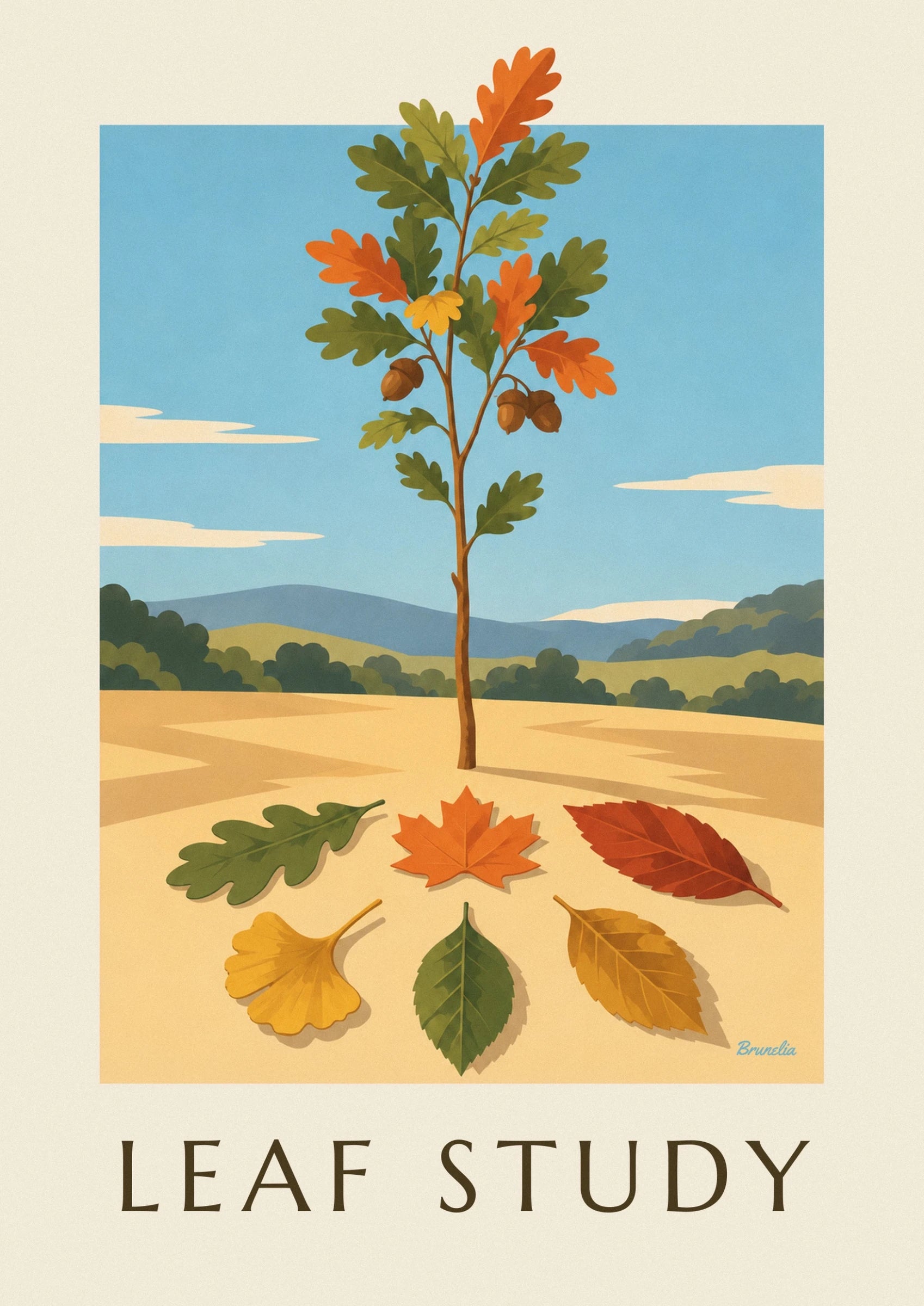 Une branche de chêne aux feuilles vertes et orangées, avec ses glands bruns