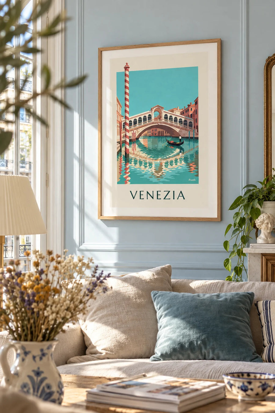 Affiche pont du Rialto et gondole sur le Grand Canal à Venise : encadrée au mur