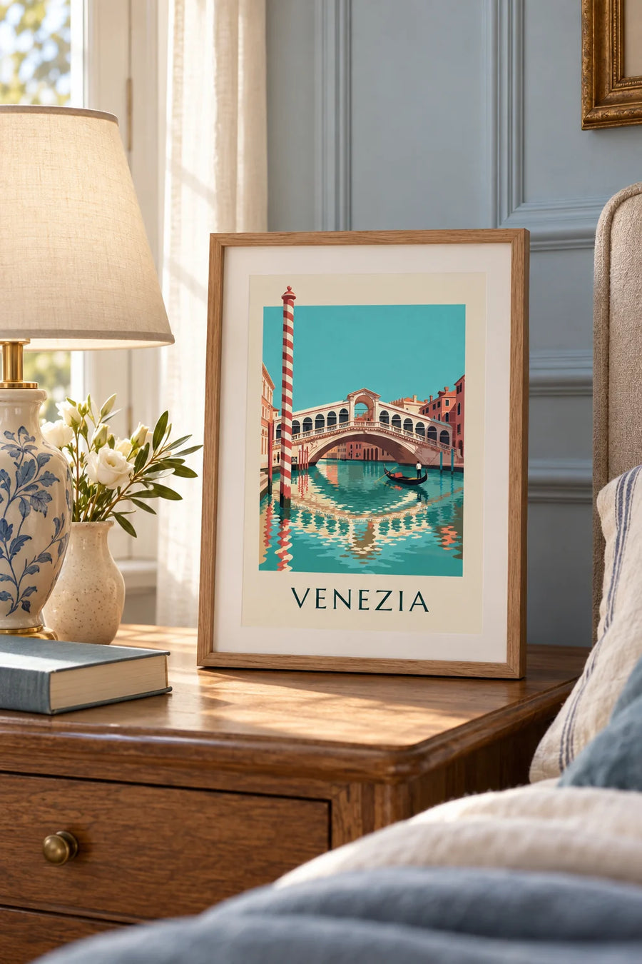 Affiche pont du Rialto et gondole sur le Grand Canal à Venise : petit format A4 encadré