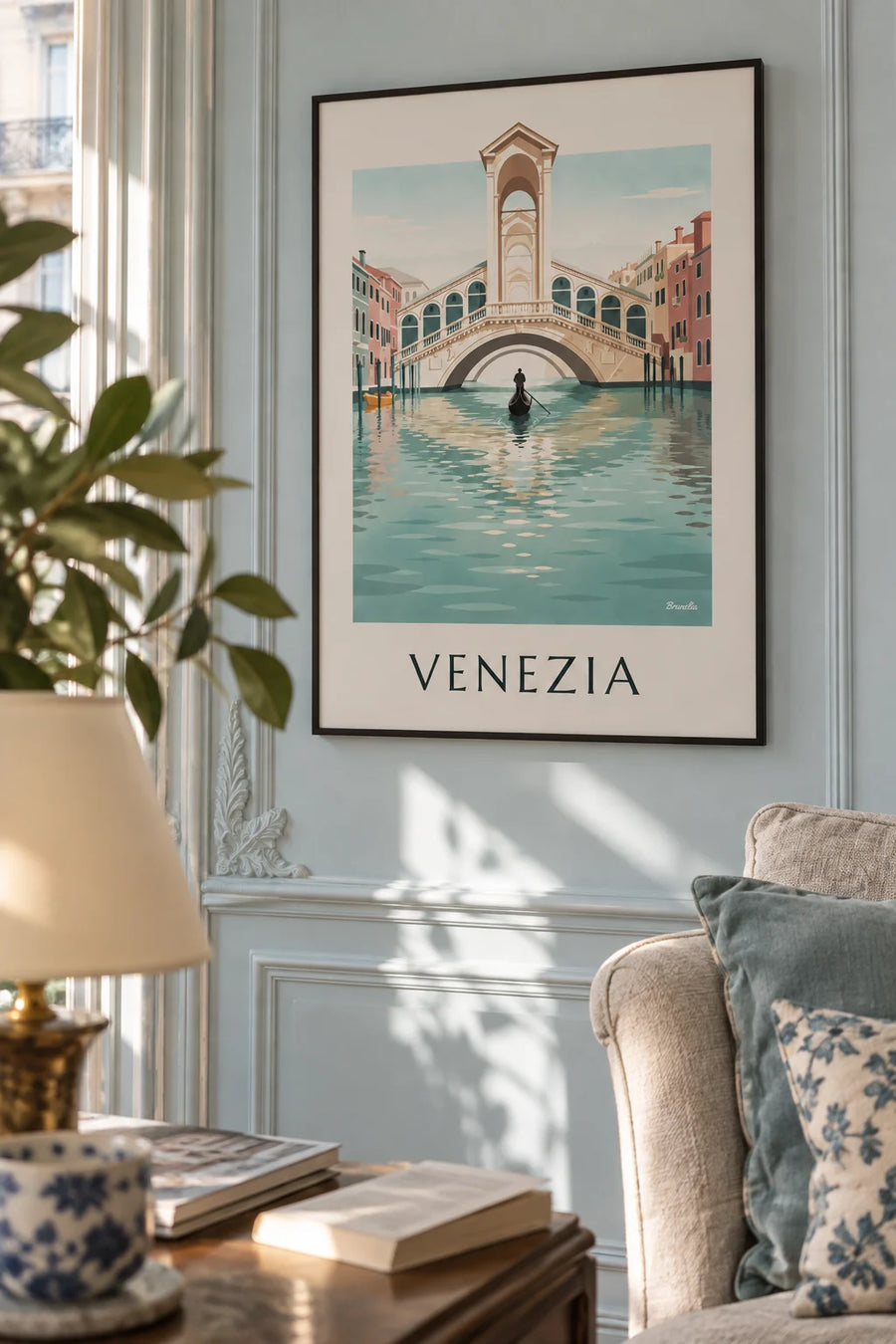 Poster of the Rialto Bridge and a gondola on the Grand Canal in Venice: framed on the wall