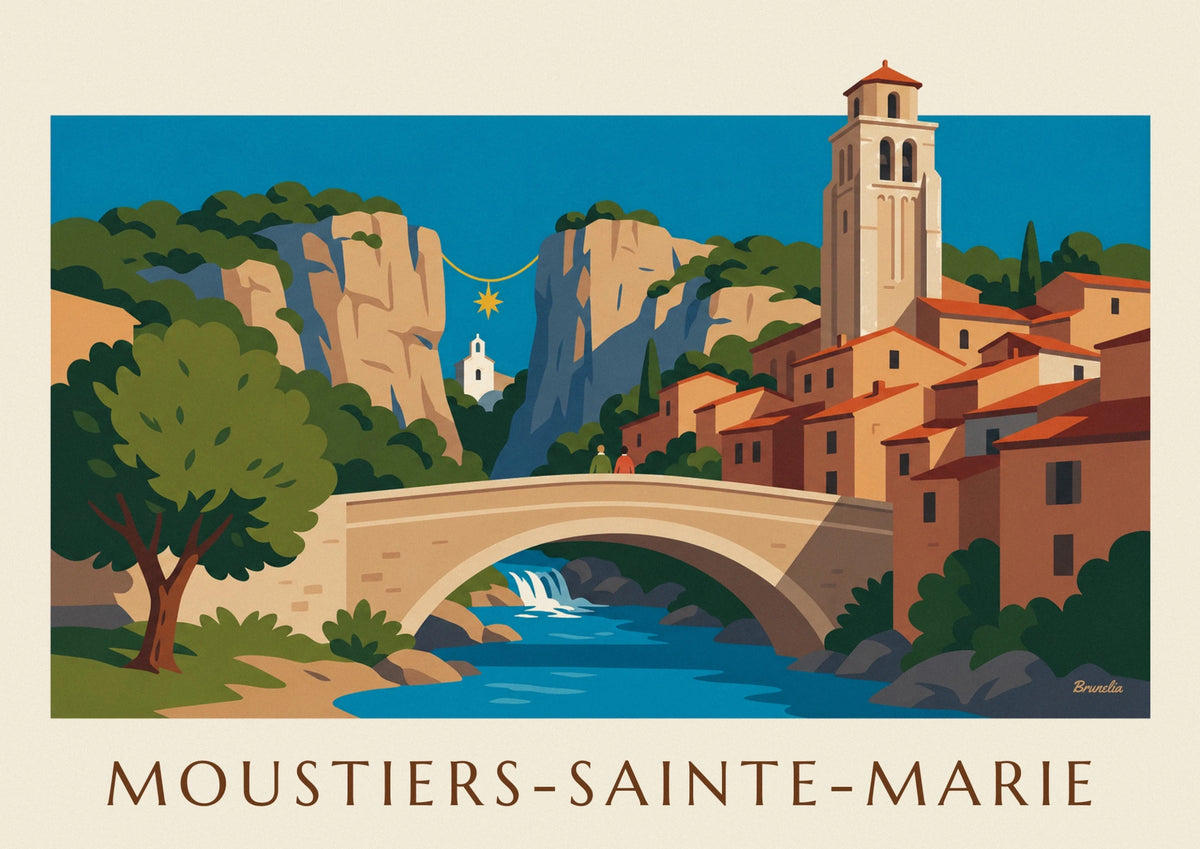 Affiche village de Moustiers-Sainte-Marie et son clocher roman