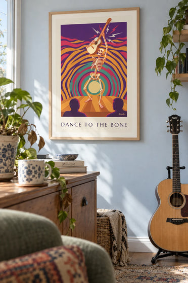 Poster tanzendes Skelett auf einer psychedelischen Rockparty: gerahmt an der Wand