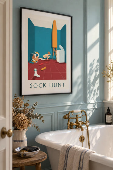 Affiche humour garçon à la loupe sur la piste des chaussettes : encadrée au mur