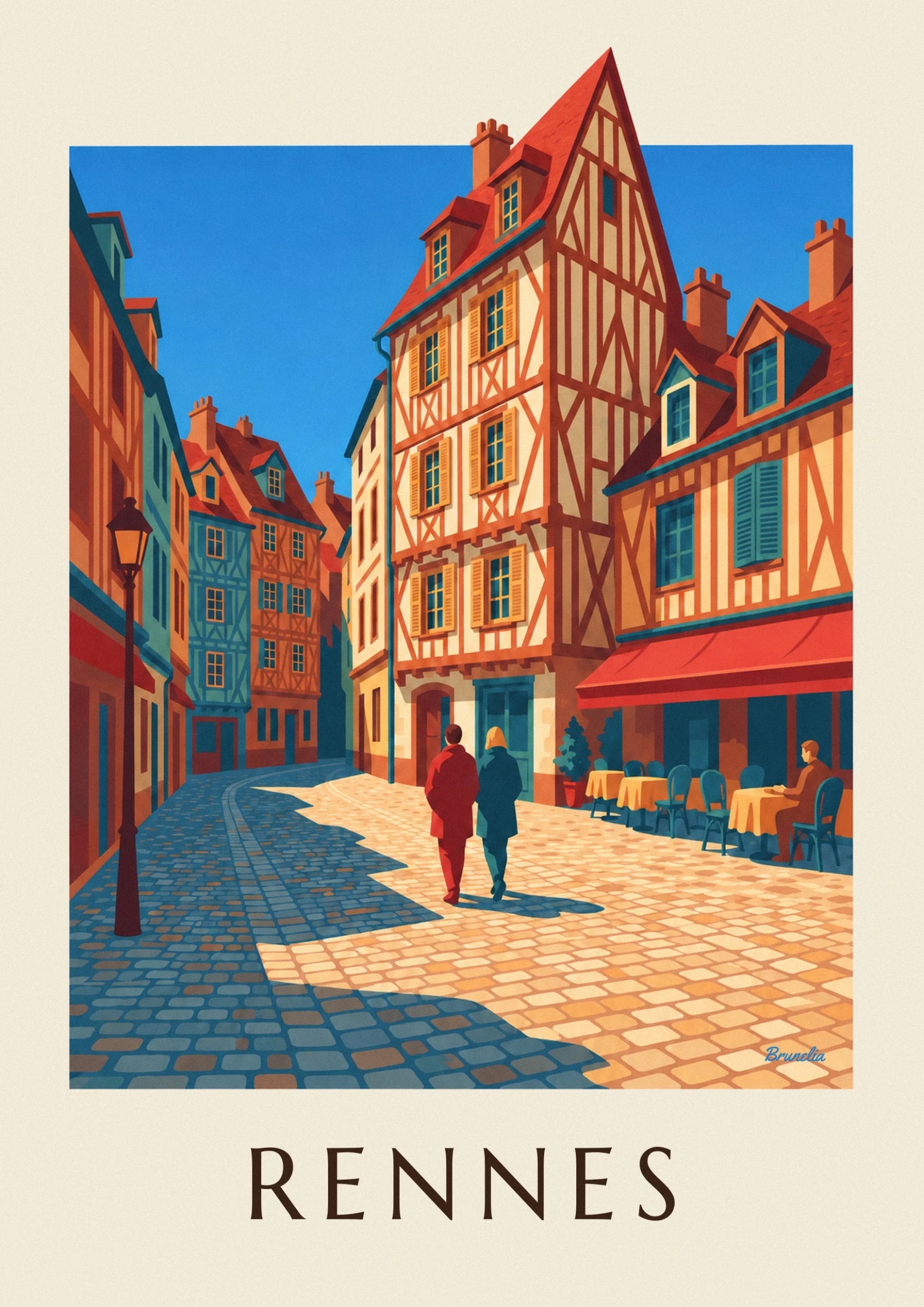 The tall façade with red timber framing and ochre window shutters