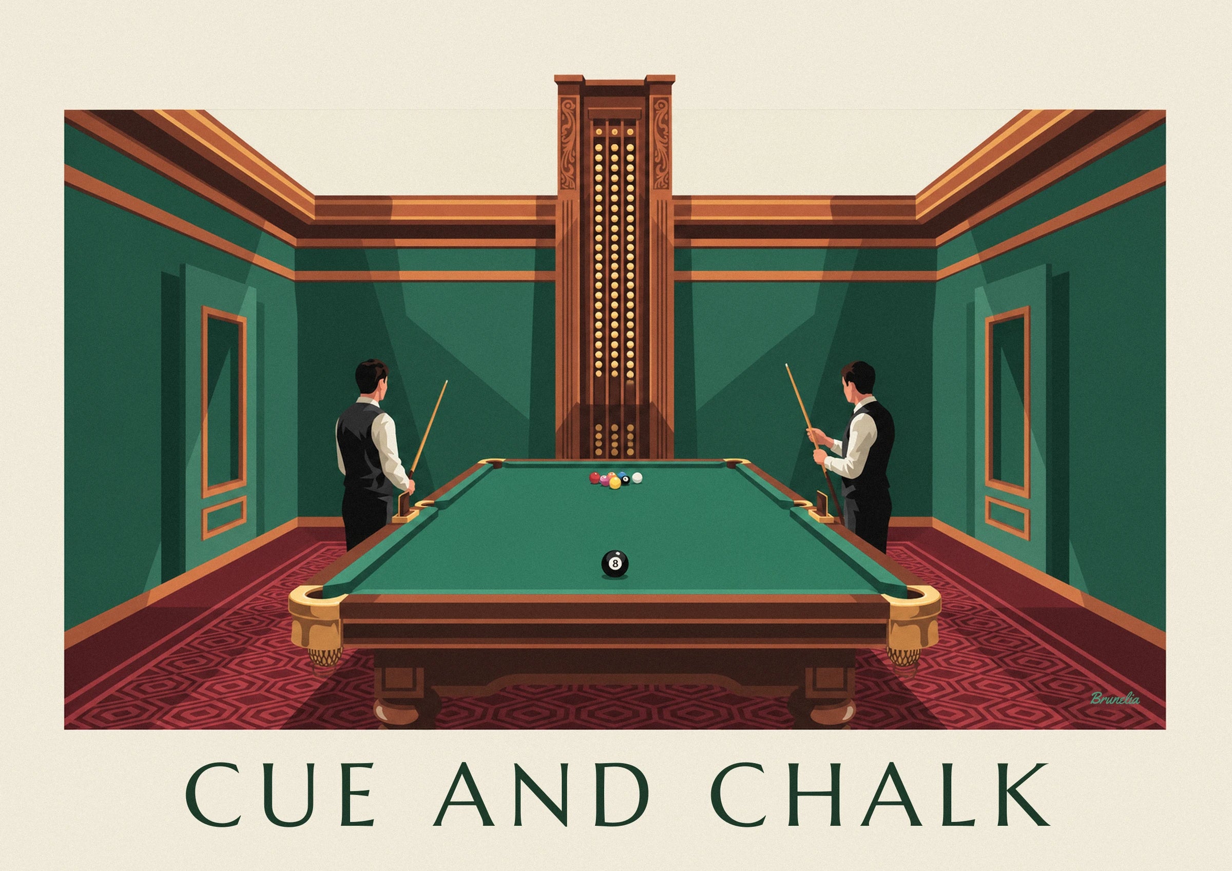 The 8 ball on the green baize of the pool table, in front of the coloured balls