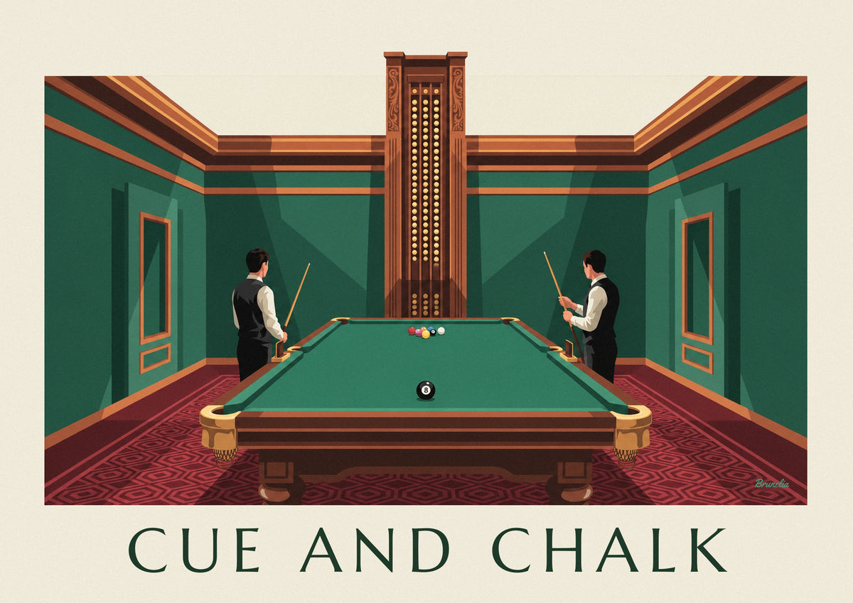 Affiche salle de billard aux murs verts et boule 8 sur le tapis