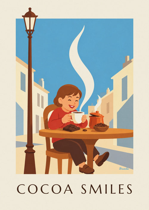 Affiche enfant souriant et grande tasse de chocolat chaud : l'affiche entière