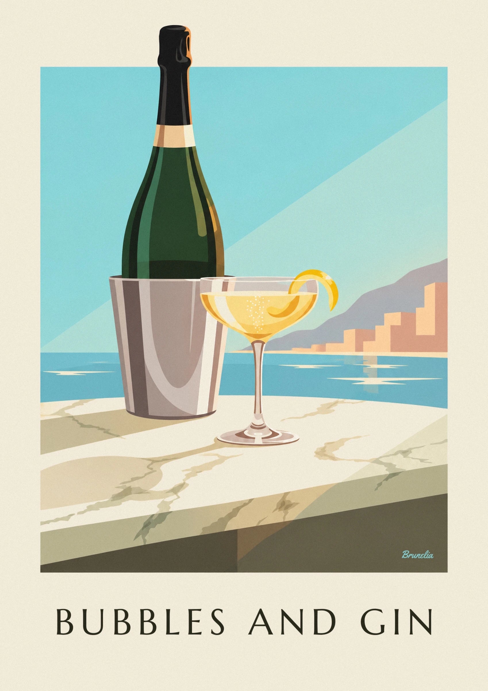 La coupe de cocktail doré et ses fines bulles, garnie d’un long zeste de citron