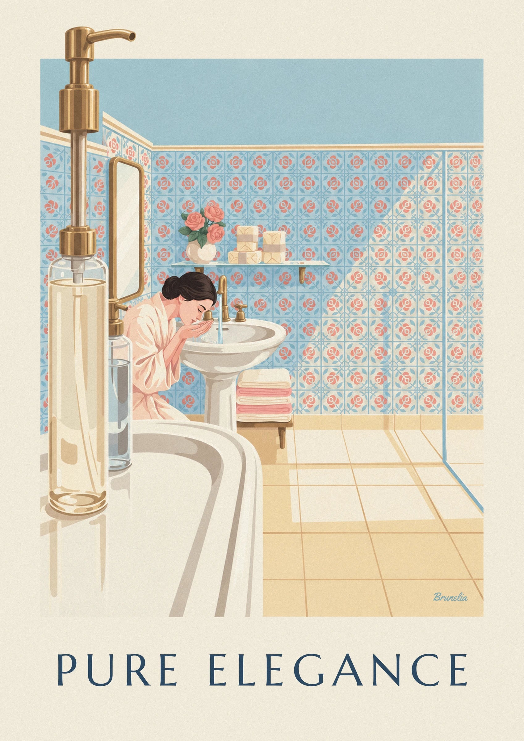 A woman in a dressing gown at a porcelain basin, between a gold tap and pink towels