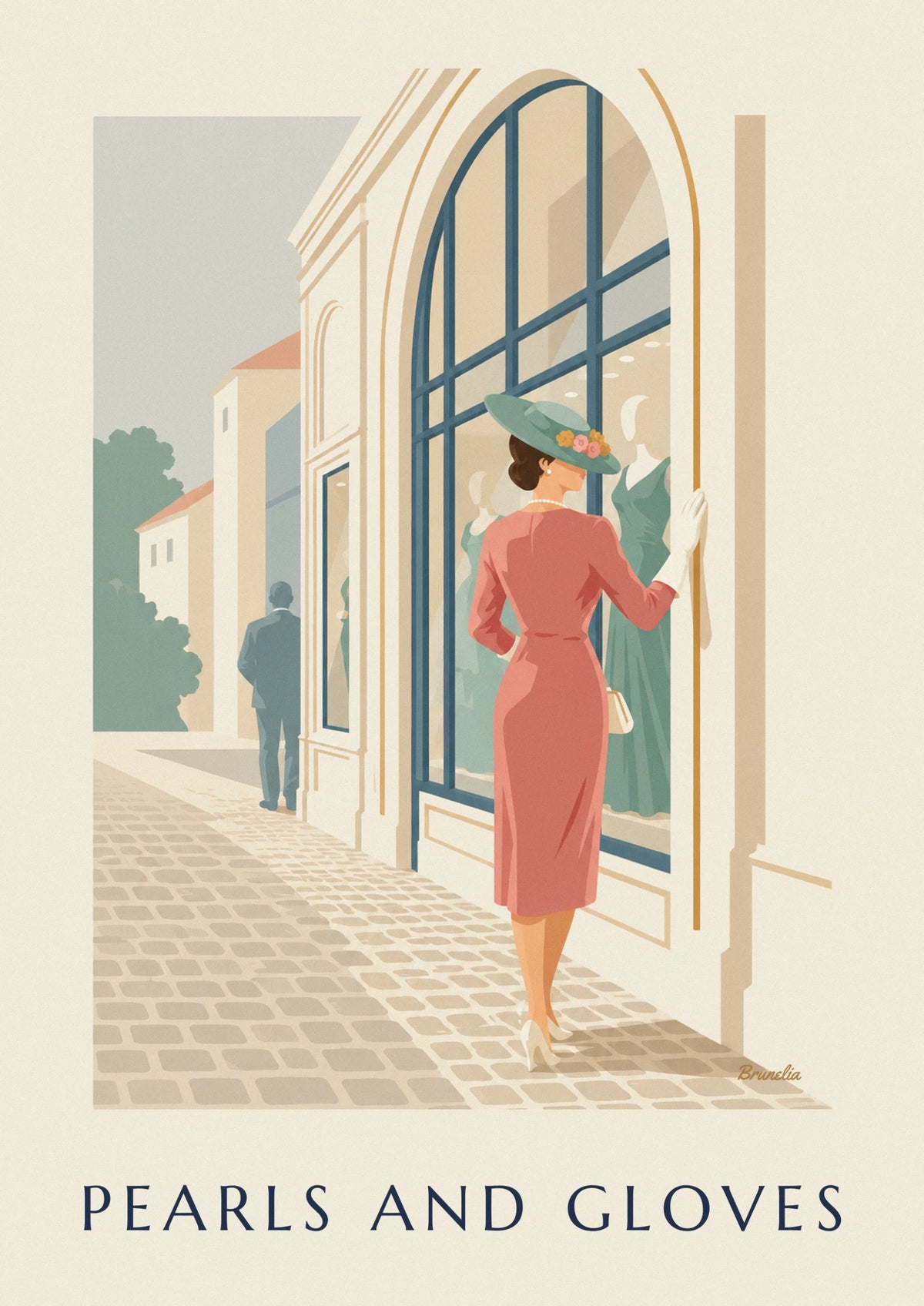 Woman in flowered hat, long gloves and pearls poster