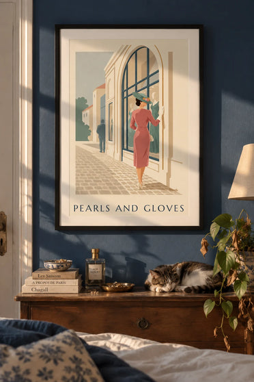 Poster of a woman in a flowered hat, long gloves and pearls: framed on the wall