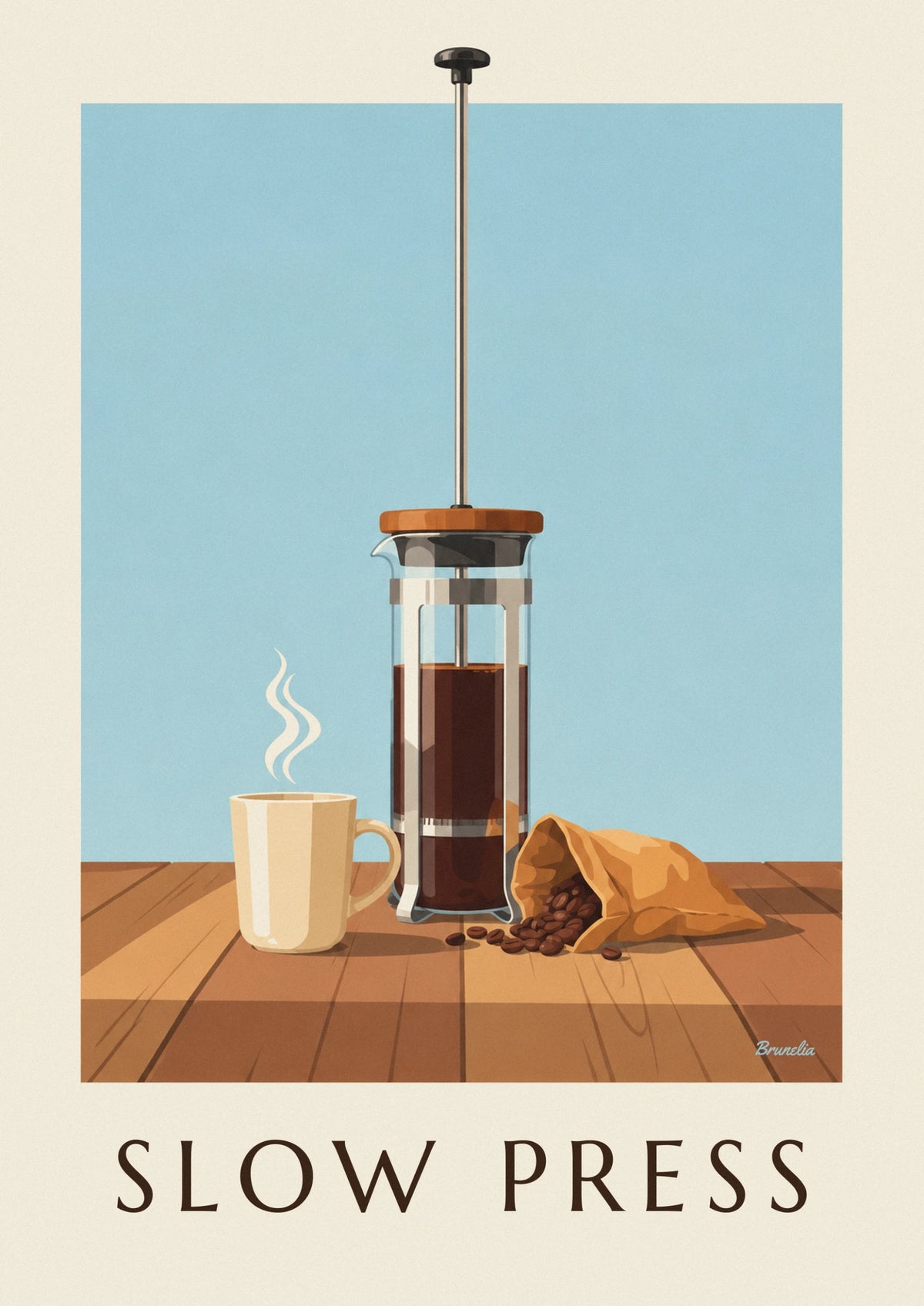 Affiche cafetière à piston sur une table en bois rustique