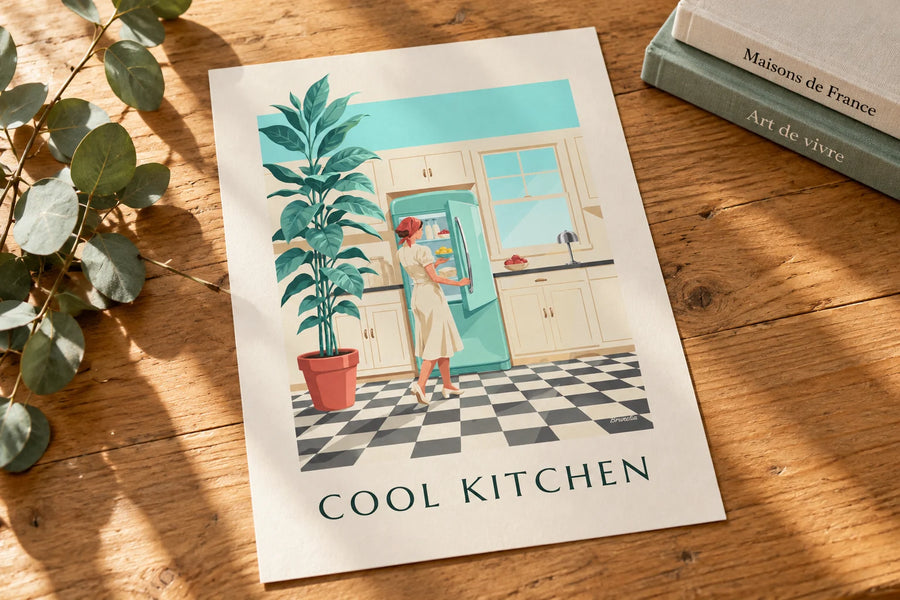 Affiche réfrigérateur arrondi vert menthe dans une cuisine : posée sur une table