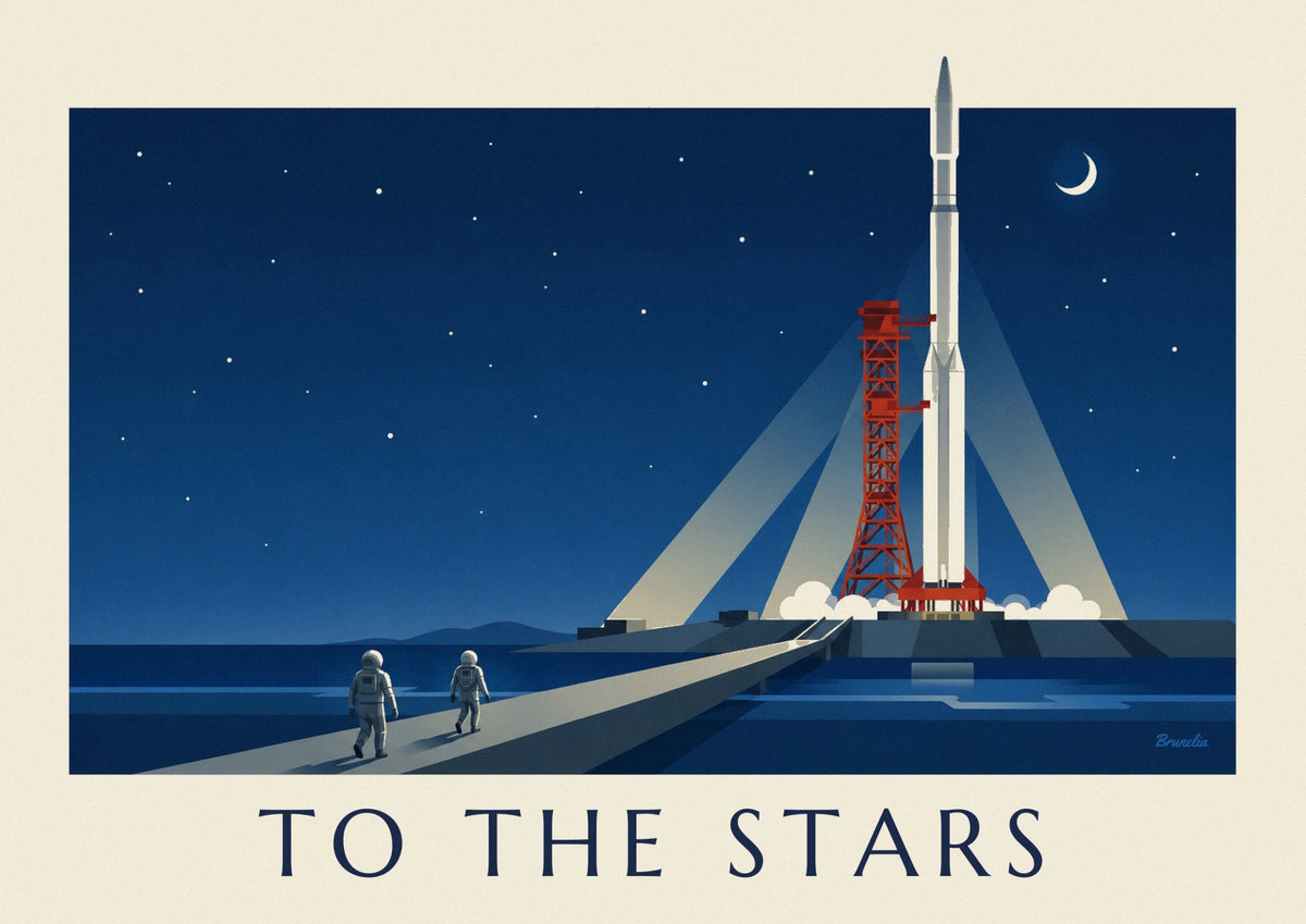 Rocket on its launch pad under a starry sky poster