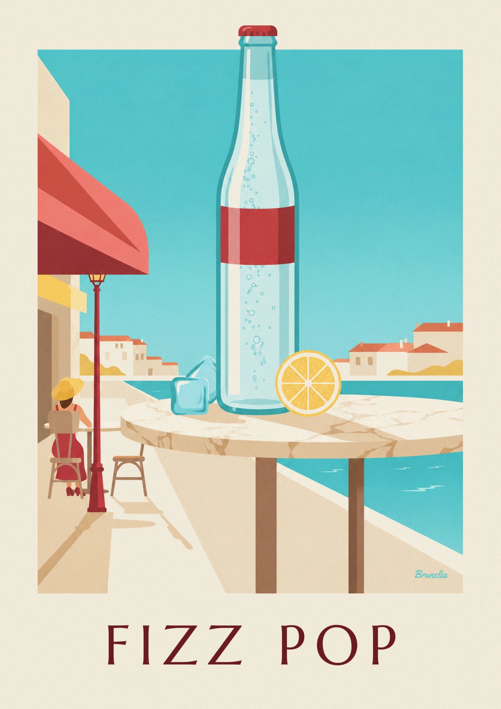 La bouteille aux fines bulles et à la large étiquette rouge sur fond turquoise