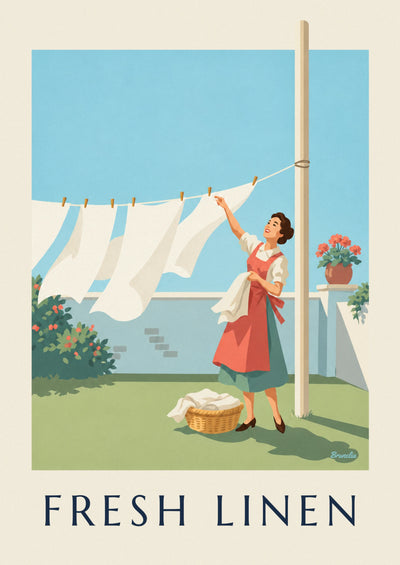 Poster Hausfrau hängt weiße Wäsche im Garten auf: das ganze Poster