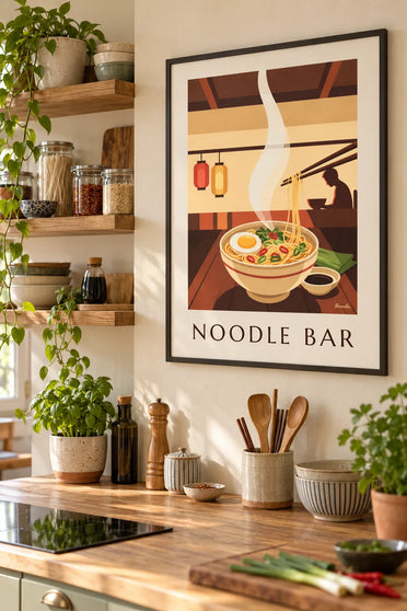 Poster ciotola fumante di noodles asiatici e bacchette: quadro incorniciato alla parete