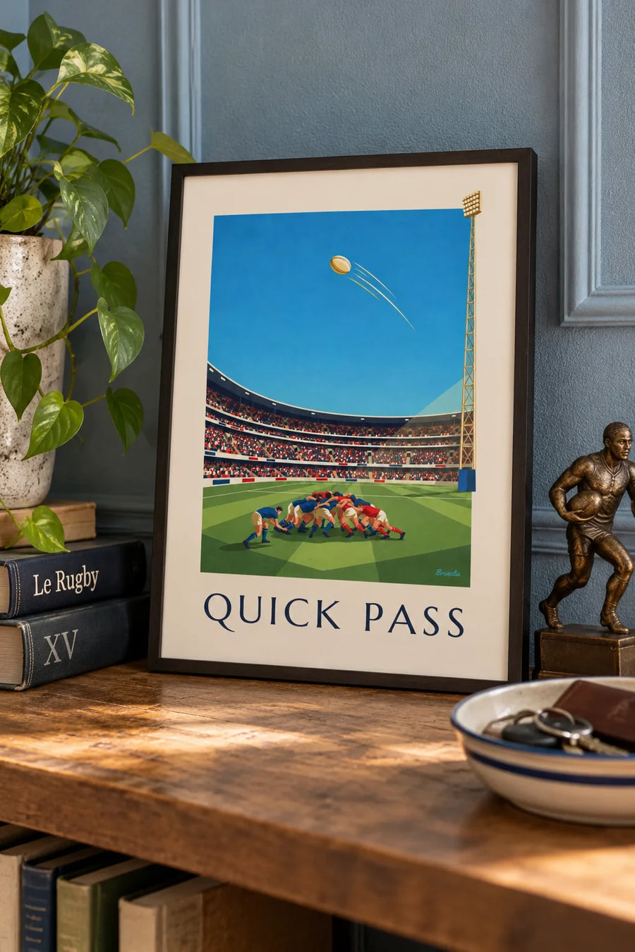 Poster of a scrum-half passing the ball from the back of a scrum: small framed A4 size