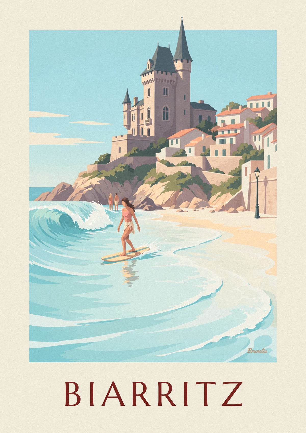 Poster surfista in longboard alla Côte des Basques di Biarritz