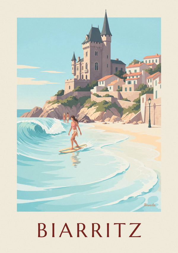 Poster surfista in longboard alla Côte des Basques di Biarritz