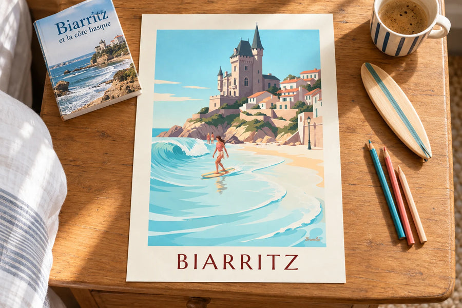 Affiche longboardeuse à la Côte des Basques de Biarritz : posée sur une table