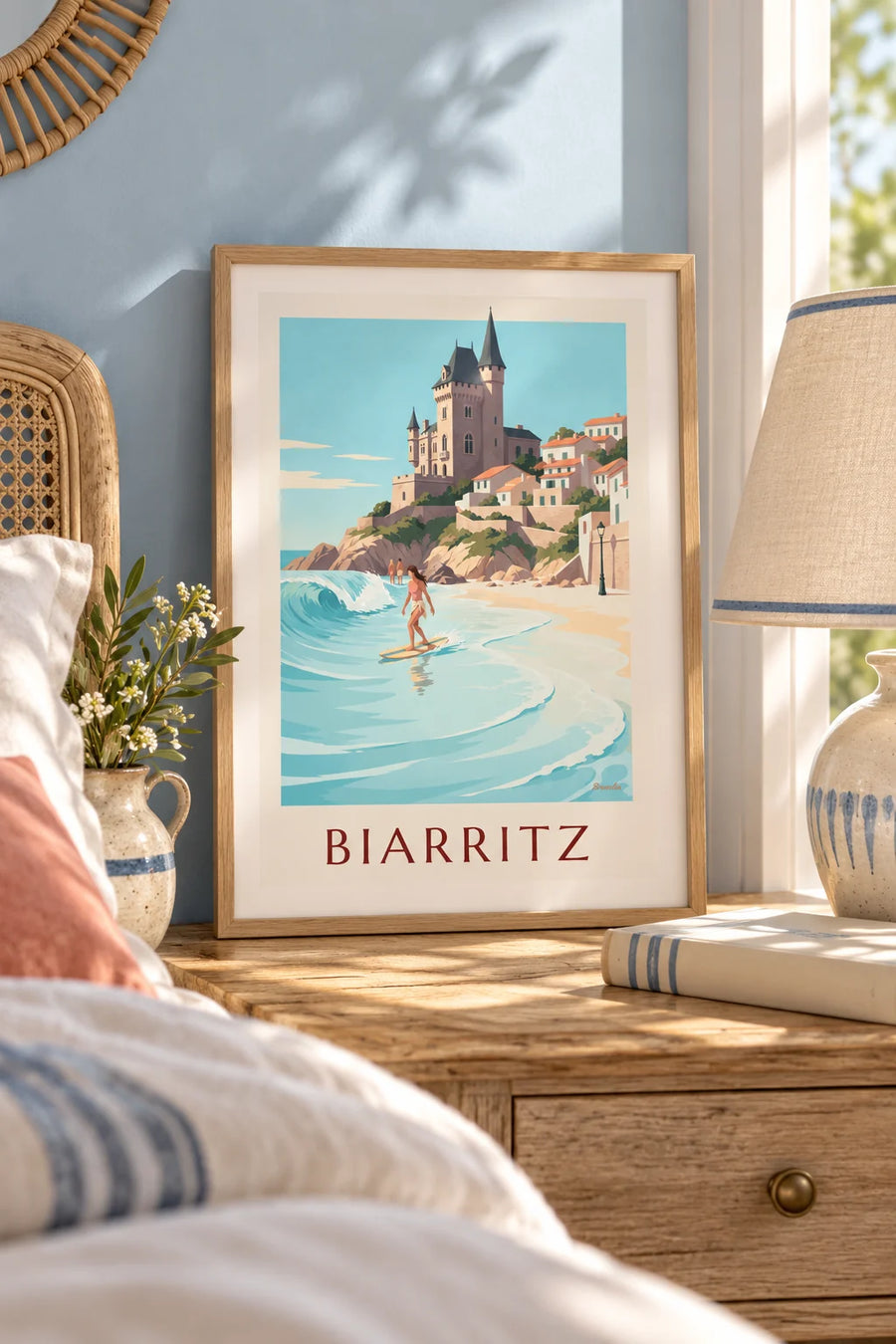 Affiche longboardeuse à la Côte des Basques de Biarritz : petit format A4 encadré
