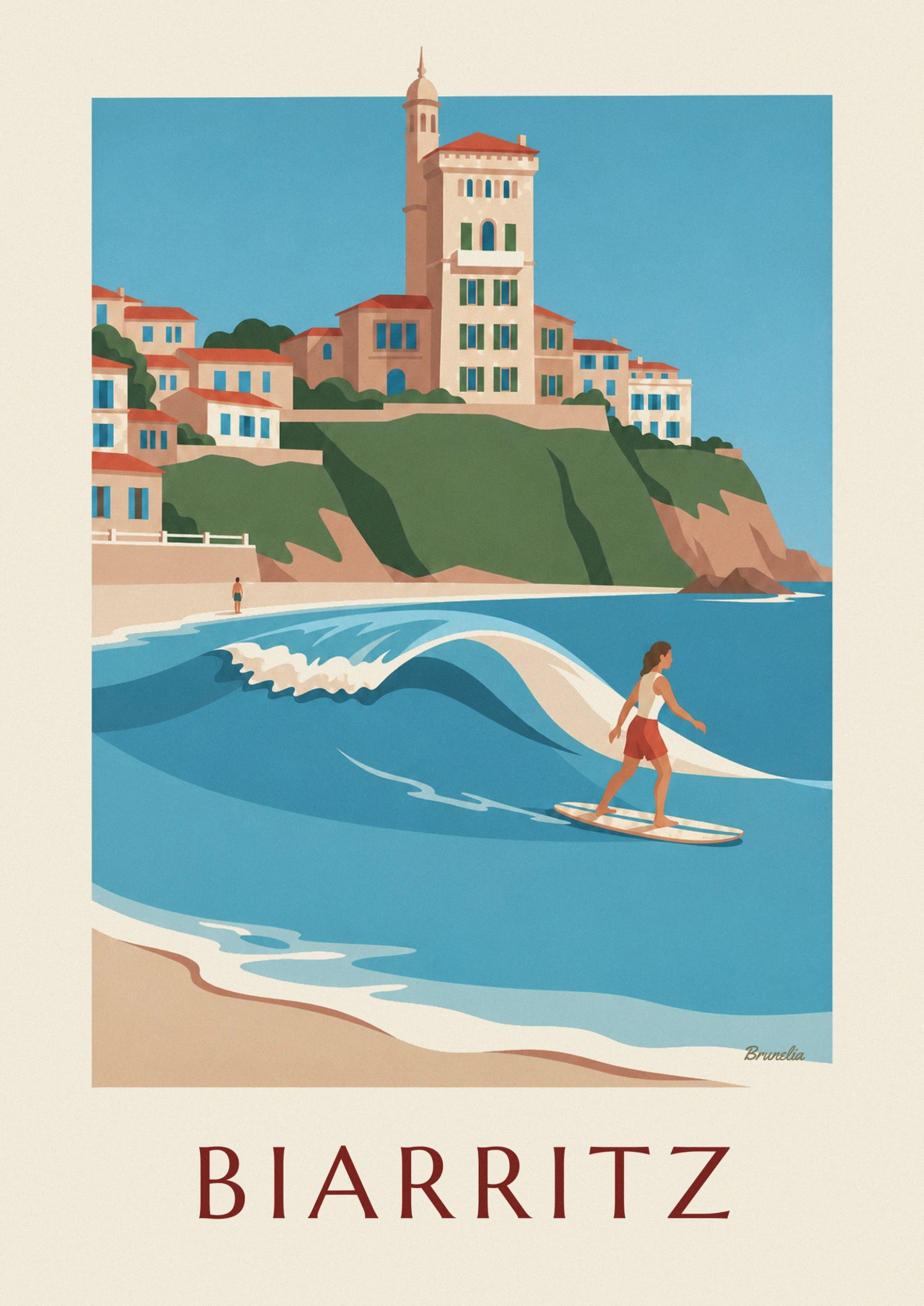 The female longboard surfer in red shorts and a white vest, standing on her board in the wave