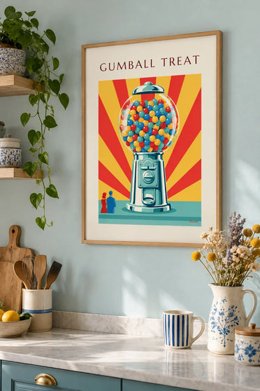 Poster distributore di caramelle con palline colorate: incorniciato alla parete