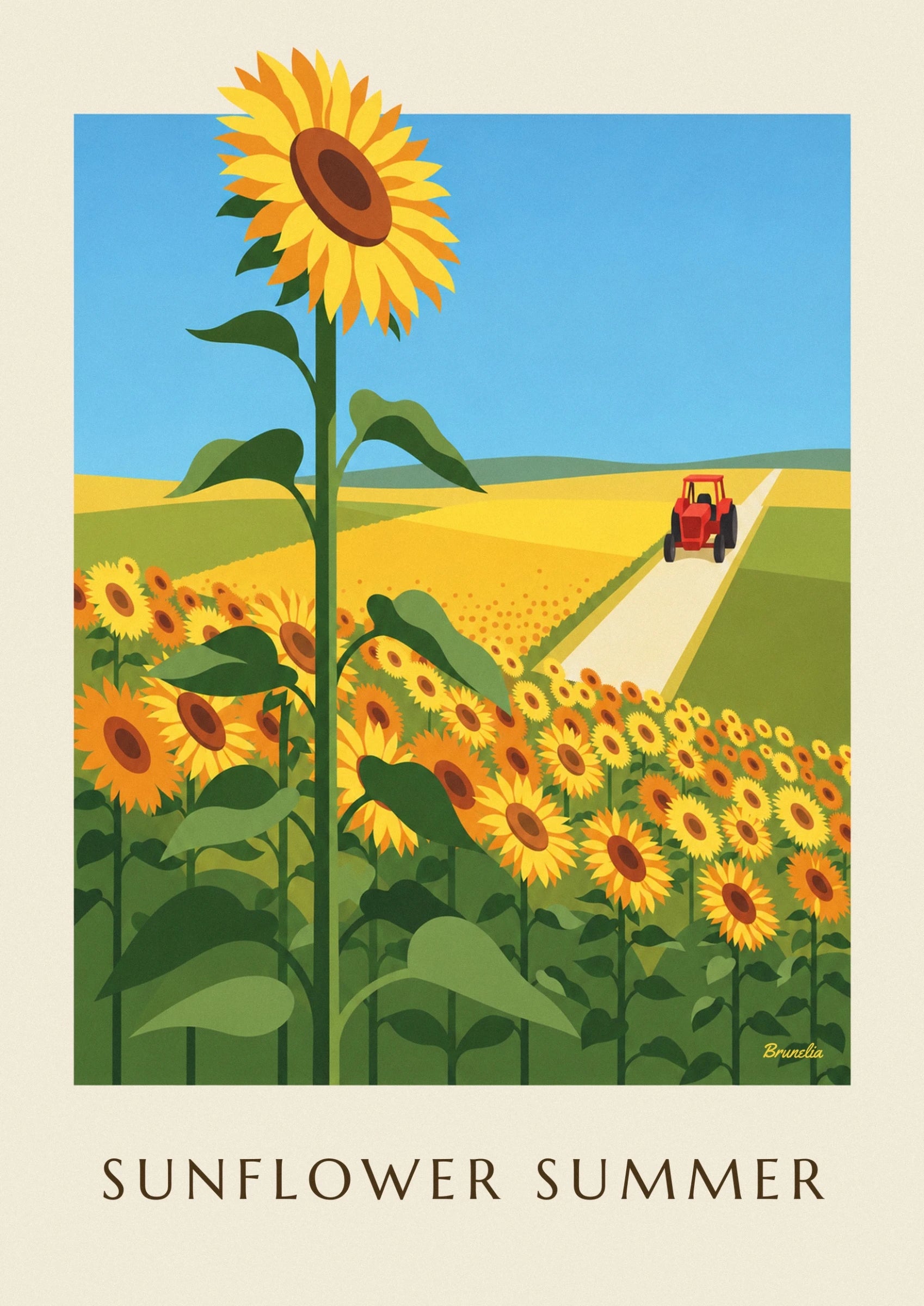 Un tournesol aux pétales jaunes et orangés, au cœur brun et à la tige verte