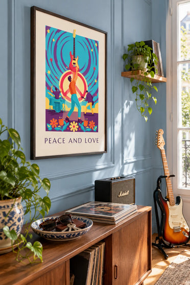Affiche groupe de rock Peace and Love sous les étoiles colorées : encadrée au mur