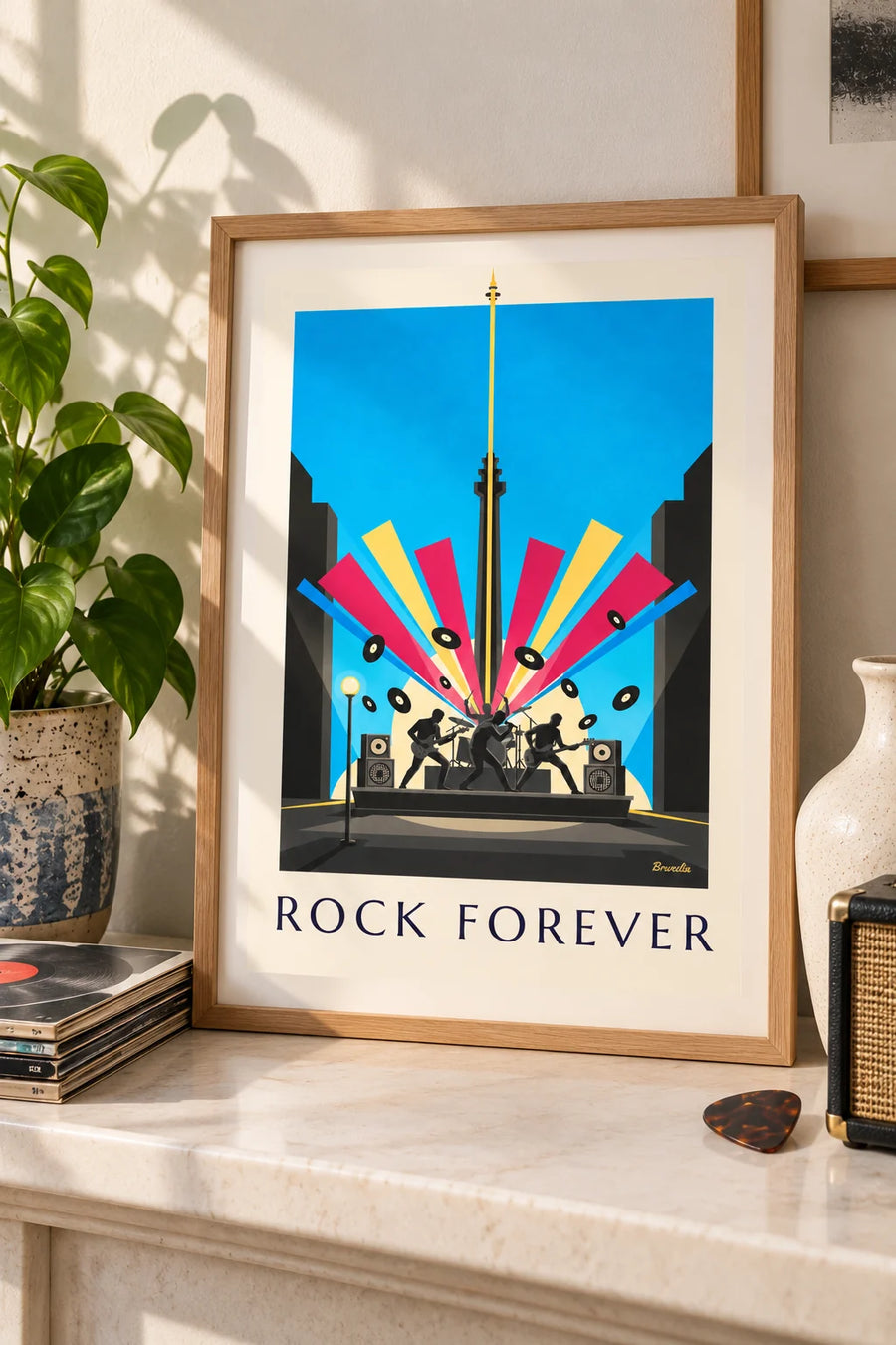 Affiche silhouettes de musiciens rock sur scène et vinyles : petit format A4 encadré