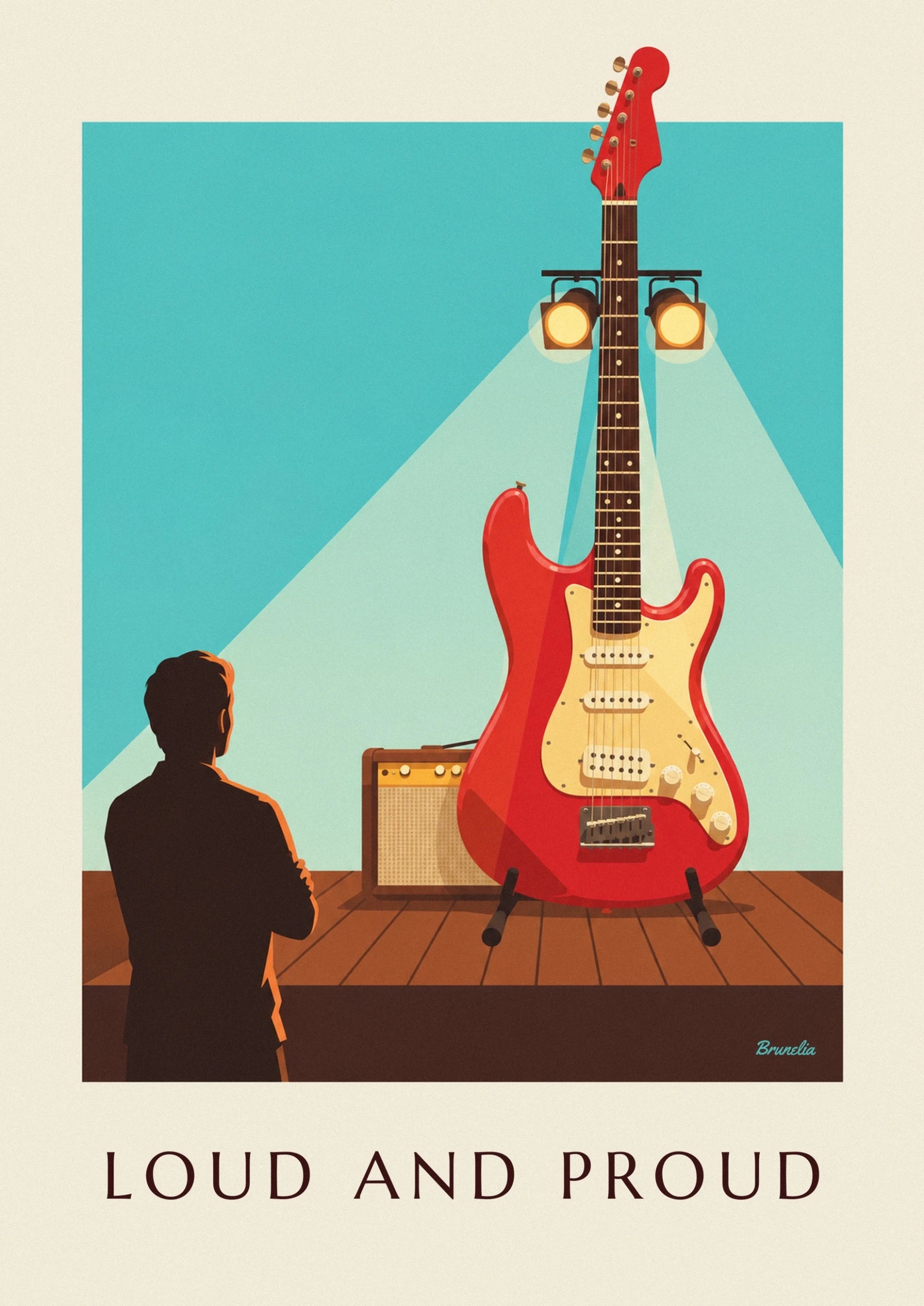 La chitarra elettrica rossa con pickup color crema e 3 manopole sul palco del club