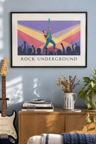 Poster con chitarrista elettrico in un rock club fumoso: incorniciato alla parete