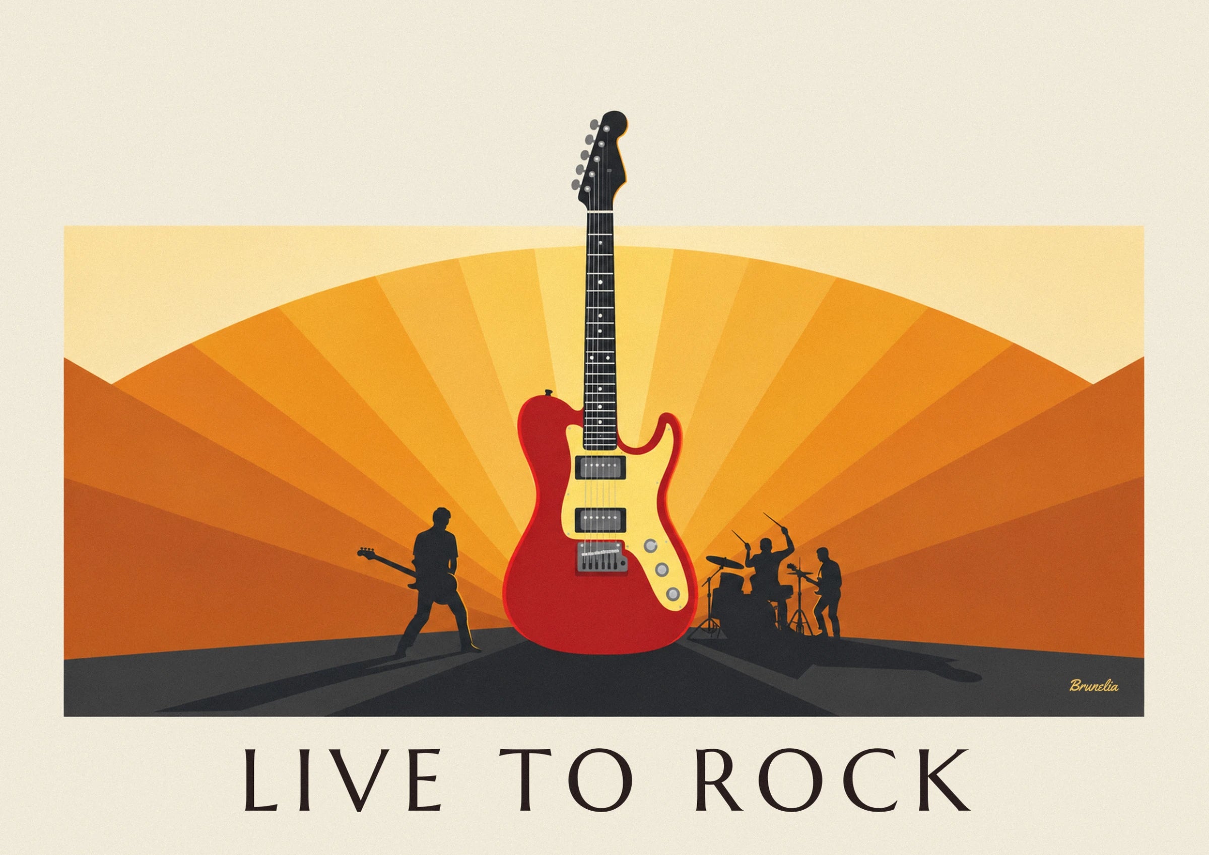 A red electric guitar with a yellow scratchplate against the rays of the setting sun