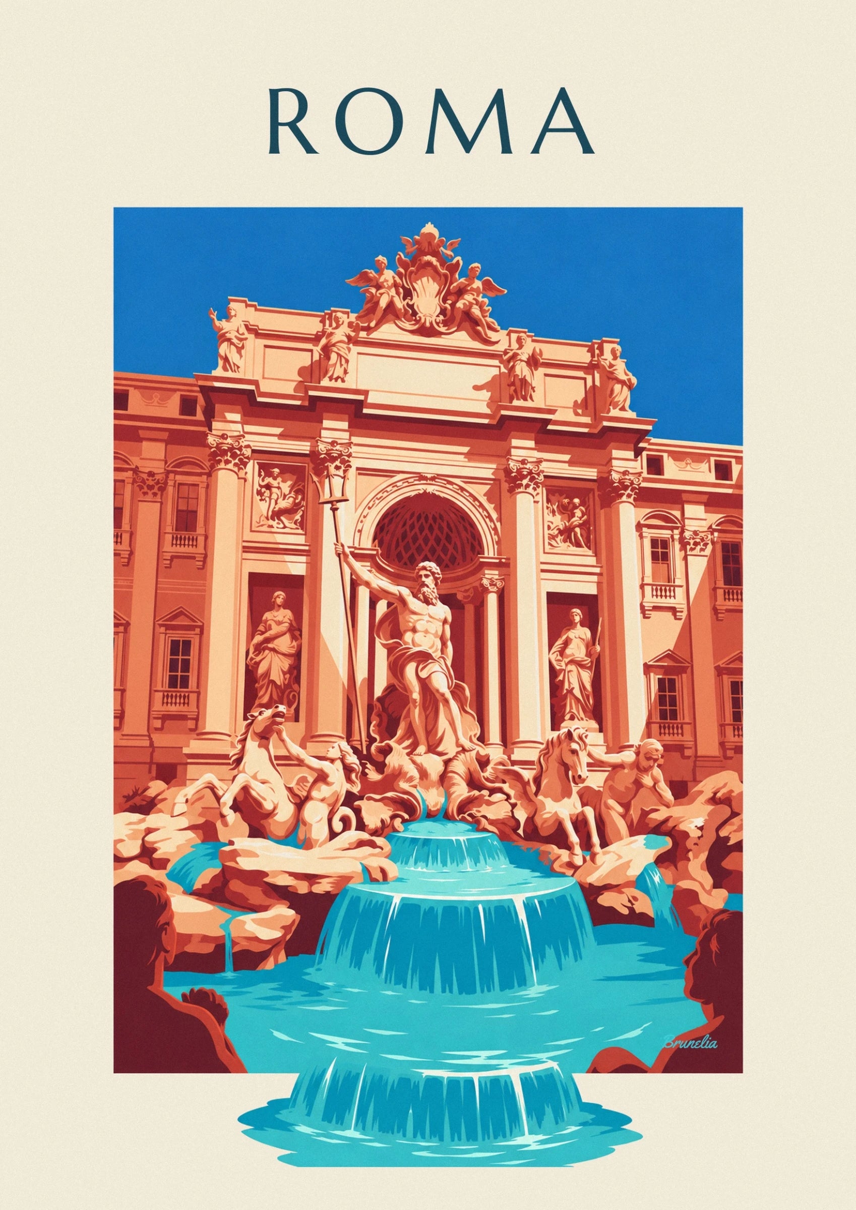 Der bärtige Neptun mit erhobenem Arm vor den cremefarbenen Säulen des Trevi-Brunnens