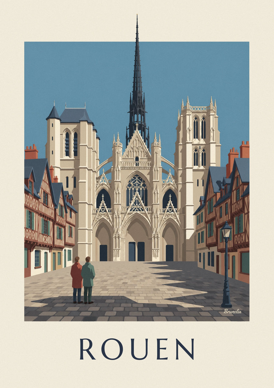 Poster della cattedrale di Notre-Dame a Rouen e case a graticcio