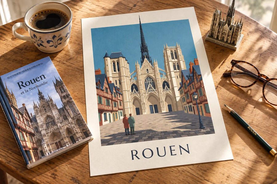 Affiche cathédrale Notre-Dame de Rouen et maisons à colombages : posée sur une table