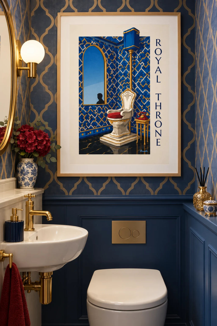 Affiche toilettes trône royal et téléphone à cadran : encadrée au mur