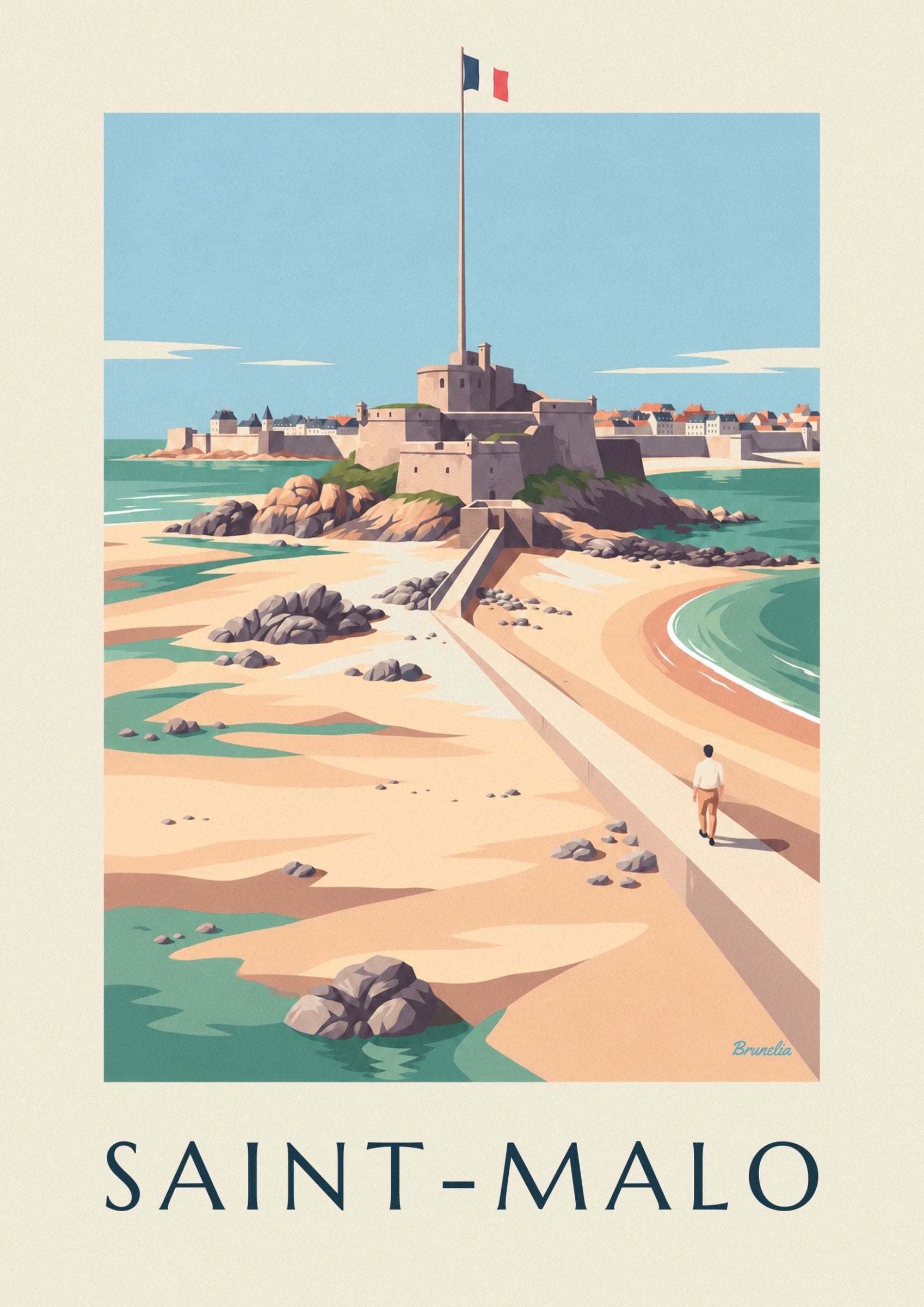The fort National and its stone ramparts, with a walkway across the sand