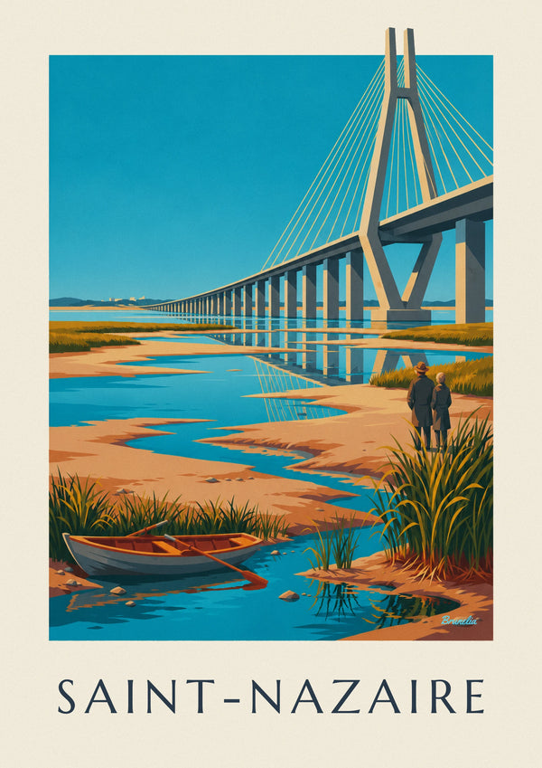 Poster ponte di Saint-Nazaire e barchetta sull'estuario